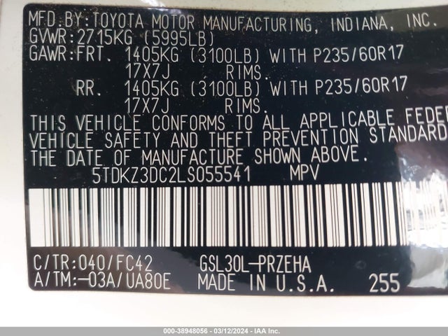 Toyota SIENNA LE 2020 5TDKZ3DC2LS055541 Image 9