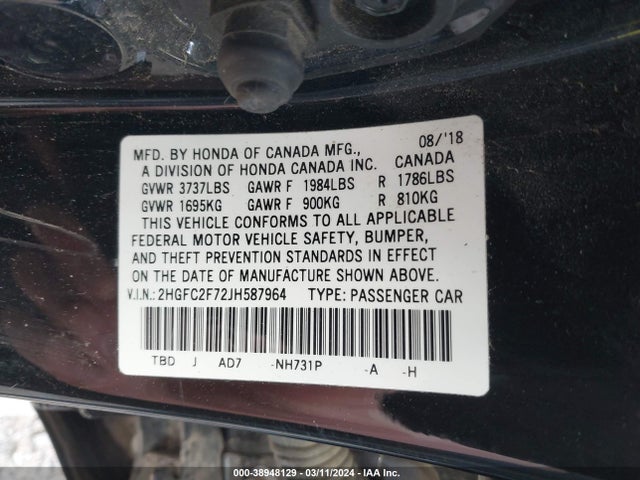 Honda CIVIC EX 2018 2HGFC2F72JH587964 Image 9