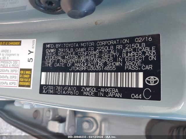 Toyota Prius Two 2016 JTDKBRFU3G3514855 Image 9