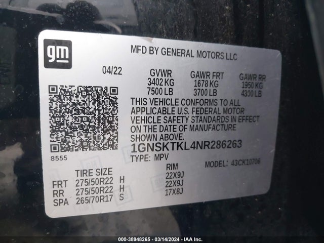 1GNSKTKL4NR286263 Chevrolet Tahoe 4wd High Country