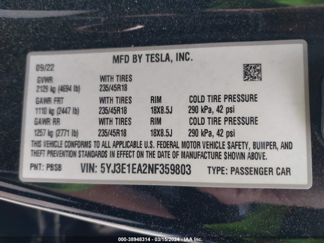Tesla Model 3 Rear-wheel Drive 2022 5YJ3E1EA2NF359803 Image 9