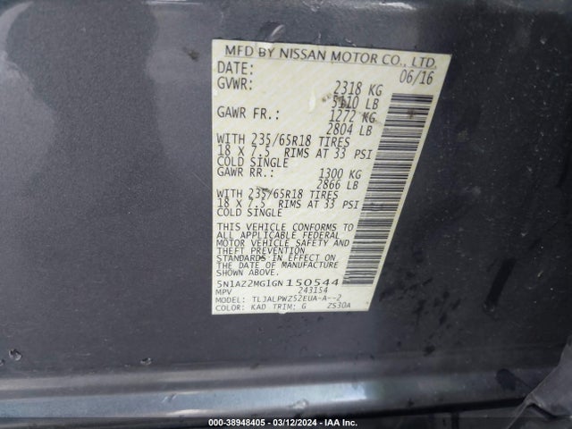 Nissan MURANO S 2016 5N1AZ2MG1GN150544 Image 9