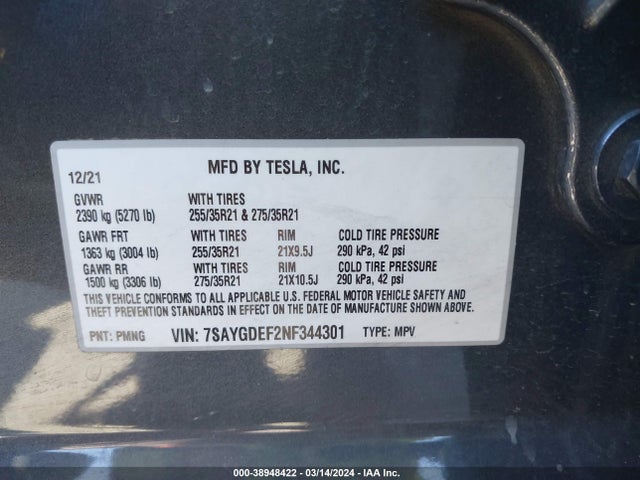 7SAYGDEF2NF344301 Tesla Model Y Performance Dual Motor All-wheel Drive