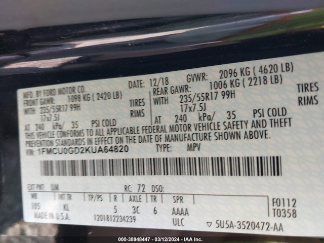 Ford ESCAPE SE 2019 1FMCU0GD2KUA64820 Image 9