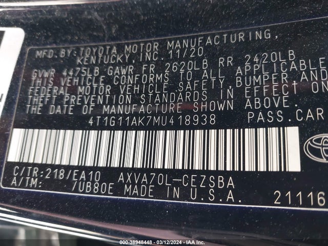 Toyota CAMRY SE 2021 4T1G11AK7MU418938 Image 9