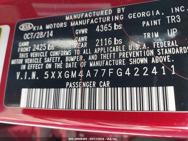 KIA Optima Lx 2015 5XXGM4A77FG422411 Image 9