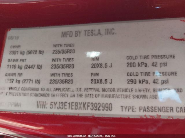 5YJ3E1EBXKF392990 Tesla Model 3 Long Range/performance