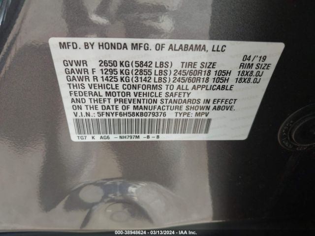 5FNYF6H58KB079376 Honda Pilot Ex-l