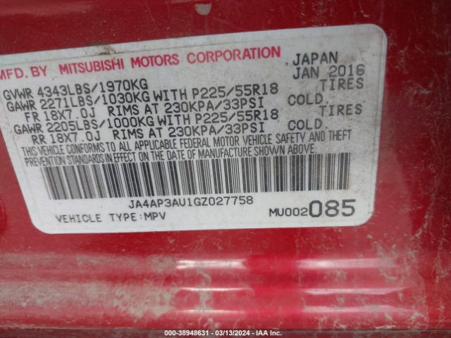 JA4AP3AU1GZ027758 Mitsubishi Outlander Sport 2.0 Es