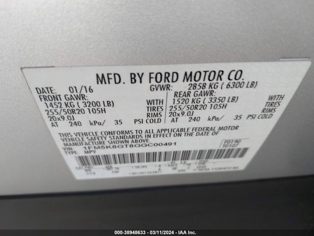 Ford EXPLORER SPORT 2016 1FM5K8GT8GGC00491 Image 9