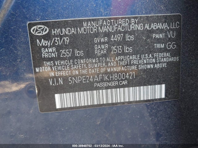 Hyundai SONATA SE 2019 5NPE24AF1KH800421 Image 9