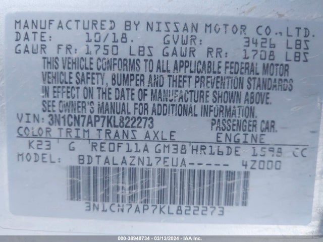 Nissan Versa 1.6 S+ 2019 3N1CN7AP7KL822273 Image 9