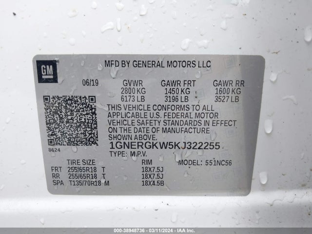 Chevrolet Traverse 1lt 2019 1GNERGKW5KJ322255 Image 9
