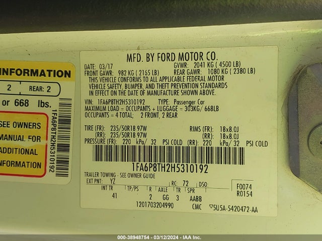 Ford Mustang Ecoboost 2017 1FA6P8TH2H5310192 Image 9