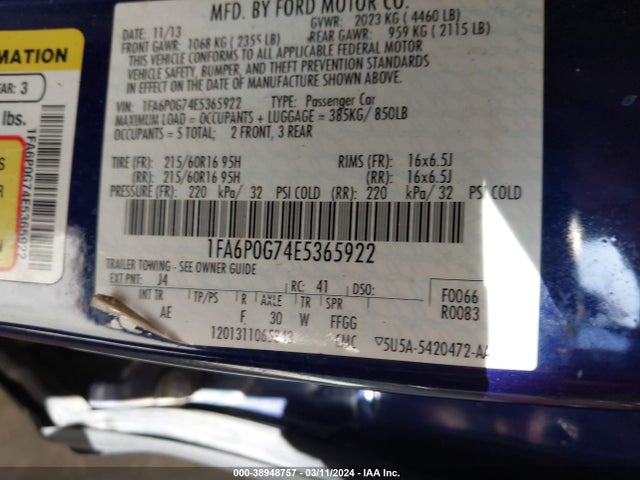 Ford FUSION S 2014 1FA6P0G74E5365922 Image 9