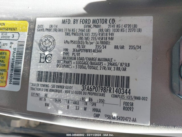 Ford FUSION SE 2015 3FA6P0T98FR140344 Image 9