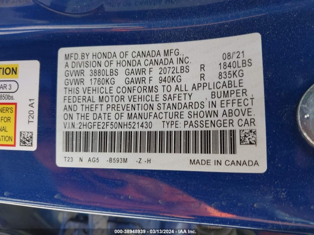 Honda Civic Sport 2022 2HGFE2F50NH521430 Image 9