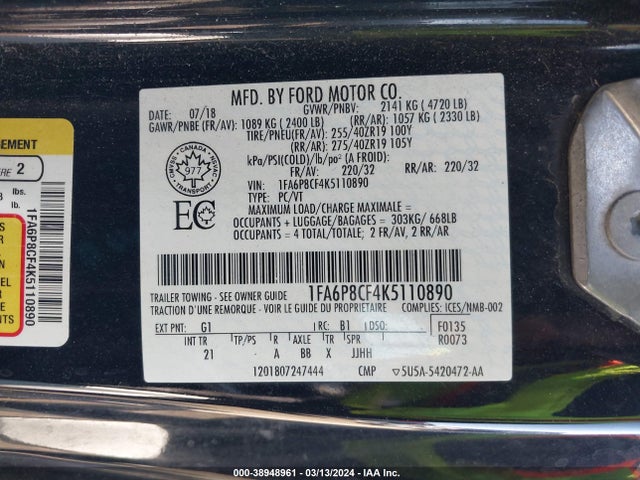 Ford MUSTANG GT 2019 1FA6P8CF4K5110890 Image 9