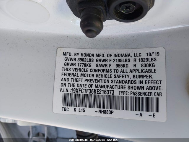 2019 Honda Civic Ex მანქანა იყიდება აუქციონზე, vin: 19XFC1F36KE216373, აუქციონის ნომერი: 38949048