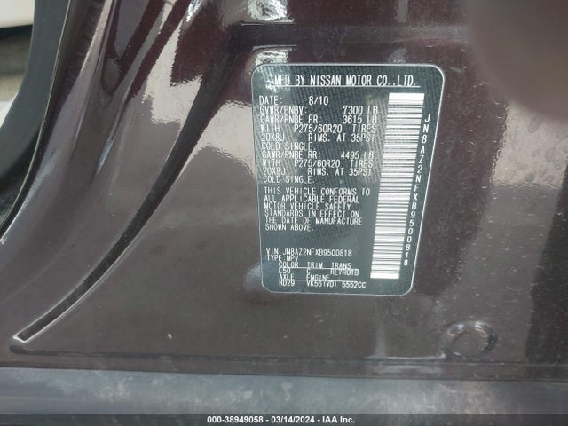 2011 Infiniti Qx56 მანქანა იყიდება აუქციონზე, vin: JN8AZ2NFXB9500818, აუქციონის ნომერი: 38949058