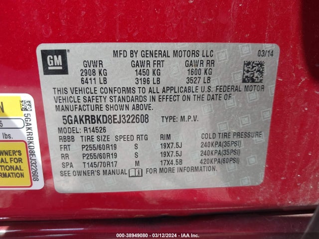 5GAKRBKD8EJ322608 Buick Enclave Leather