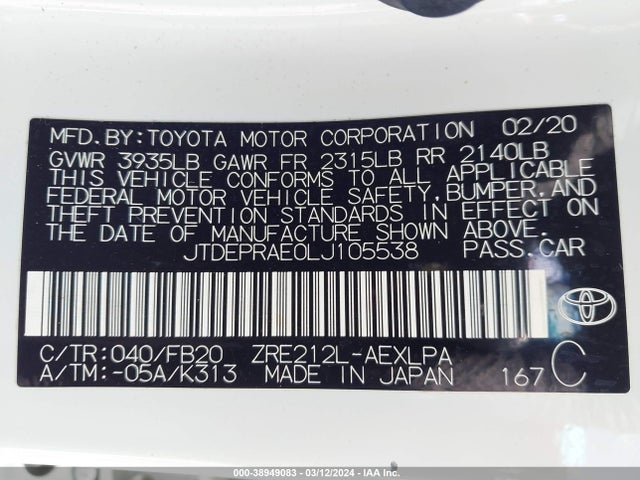 Toyota COROLLA LE 2020 JTDEPRAE0LJ105538 Image 9