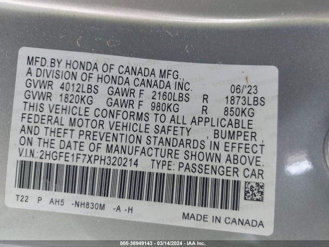 Honda Civic Ex /ex W/o Bsi 2023 2HGFE1F7XPH320214 Image 9