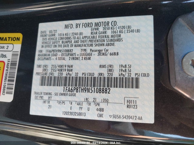 Ford Mustang Ecoboost Fastback 2022 1FA6P8TH9N5108882 Image 9