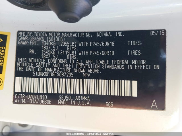 Toyota Highlander Xle V6 2015 5TDKKRFH8FS087205 Image 9