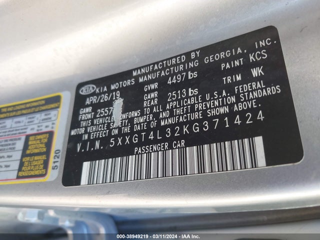 KIA Optima Lx 2019 5XXGT4L32KG371424 Image 9