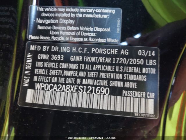 WP0CA2A8XES121690 Porsche Boxster