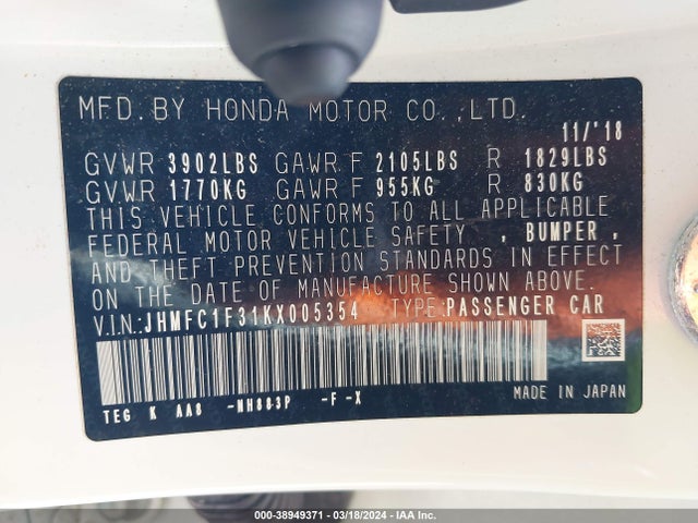 Honda CIVIC EX 2019 JHMFC1F31KX005354 Image 9
