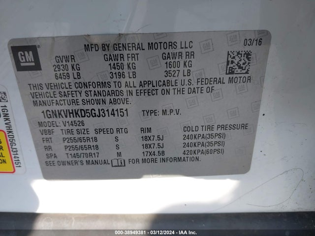 Chevrolet Traverse 2lt 2016 1GNKVHKD5GJ314151 Image 9