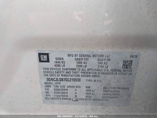 Chevrolet Trax Lt 2016 3GNCJLSB7GL216538 Image 9