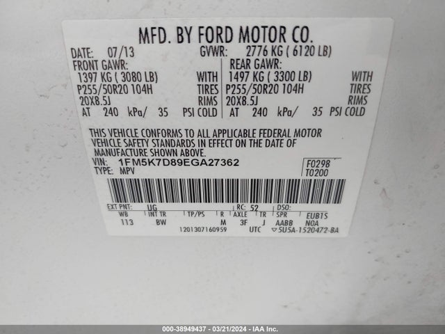 Ford EXPLORER XLT 2014 1FM5K7D89EGA27362 Image 9