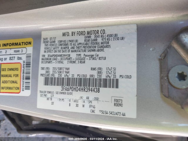 Ford FUSION SE 2017 3FA6P0HD4HR394438 Image 9