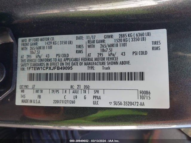 Ford F-150 Xlt 2018 1FTEW1CPXJFB49095 Image 9
