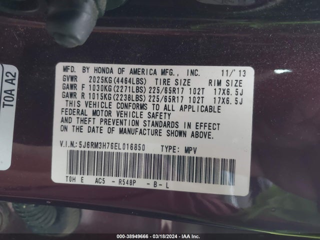 Honda Cr-v Ex-l 2014 5J6RM3H76EL016850 Image 9