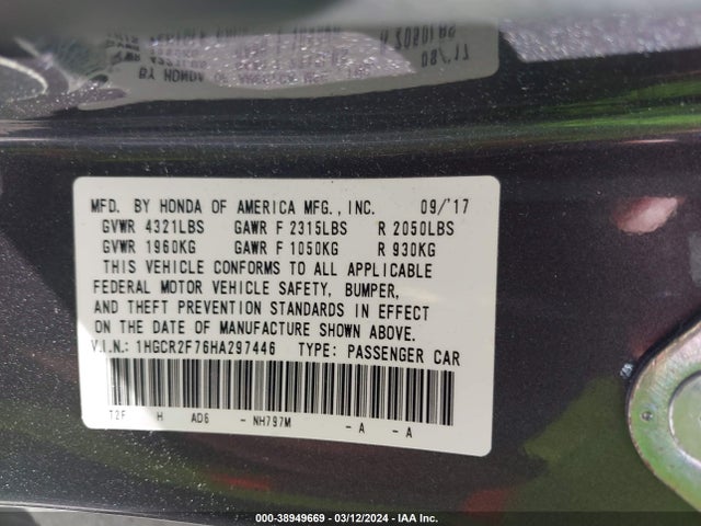 Honda ACCORD EX 2017 1HGCR2F76HA297446 Image 9