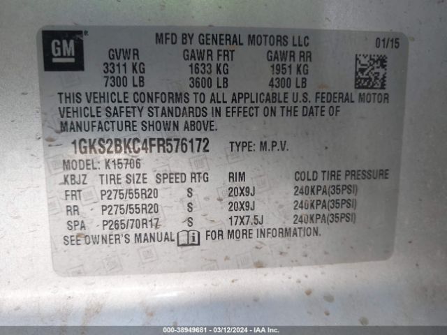 1GKS2BKC4FR576172 GMC YUKON SLT