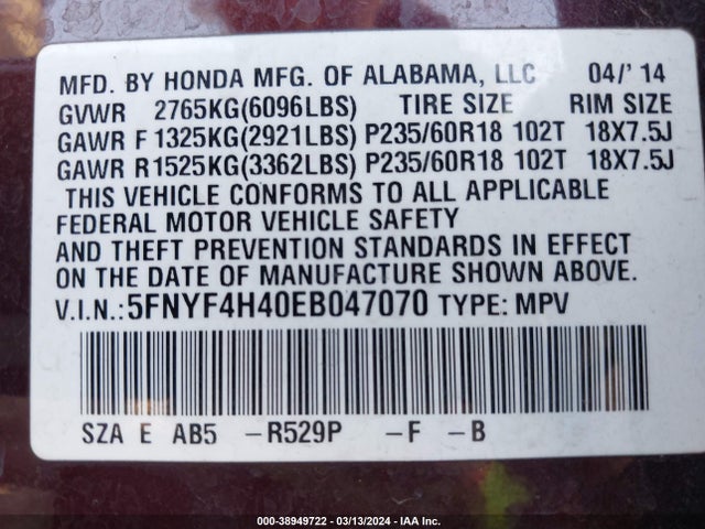 Honda Pilot Ex 2014 5FNYF4H40EB047070 Image 9