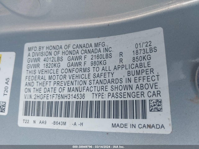 Honda CIVIC EX 2022 2HGFE1F76NH314536 Image 9