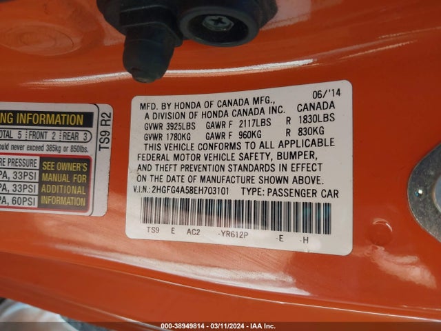 Honda CIVIC SI 2014 2HGFG4A58EH703101 Image 9
