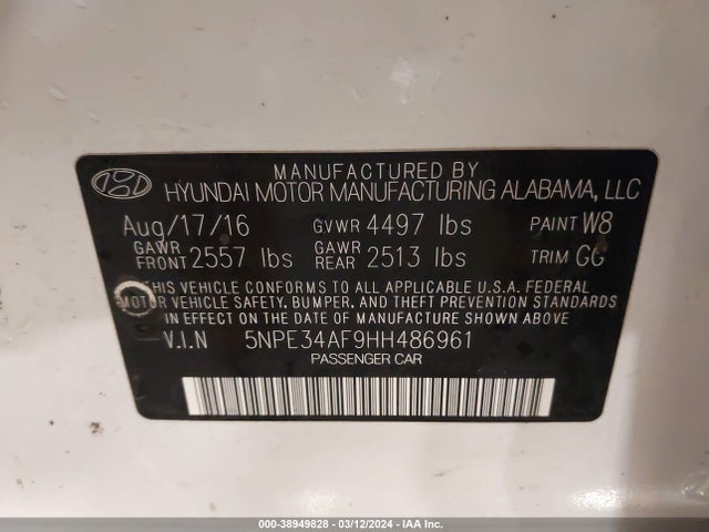 Hyundai Sonata Limited 2017 5NPE34AF9HH486961 Image 9