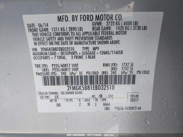 Ford FLEX SE 2014 2FMGK5B81EBD32510 Image 9