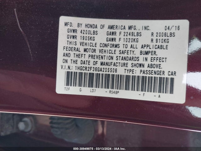 Honda ACCORD LX 2016 1HGCR2F36GA205506 Image 9