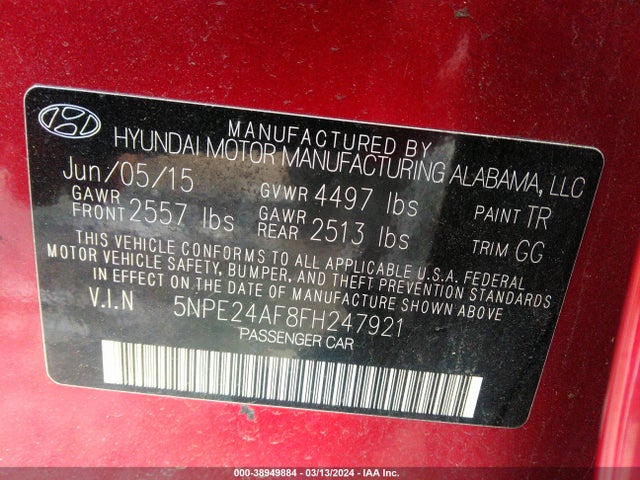 Hyundai SONATA SE 2015 5NPE24AF8FH247921 Image 9