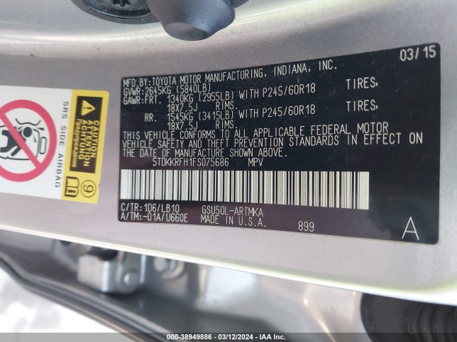 Toyota Highlander Xle V6 2015 5TDKKRFH1FS075686 Image 9