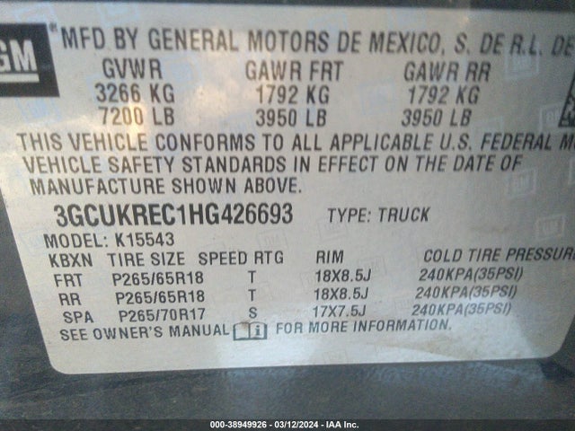 Chevrolet Silverado 1500 2lt 2017 3GCUKREC1HG426693 Image 9