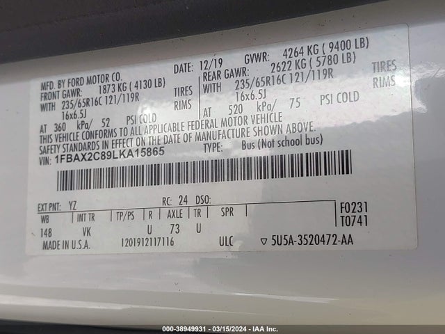 Ford Transit-350 Passenger Van Xl 2020 1FBAX2C89LKA15865 Image 9